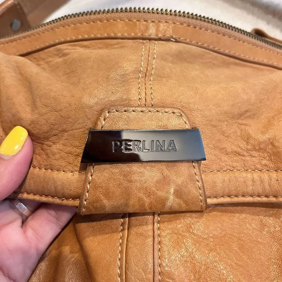 Perlina Womens Brown Leather Shoulder Handbag Zip Pockets Striped Side Design - Picture 3 of 14